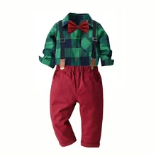 Одежда для мальчиков зеленая клетчатая рубашка+ красные штаны, ремни-подтяжки, осенний костюм детский костюм комплект одежды для малышей