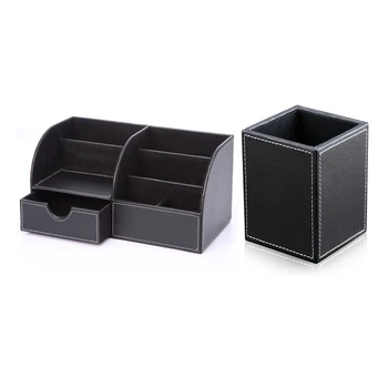

1 Pcs 7 Storage Compartments PU Leather Office Desk Organizer & 1 Pcs PU Leather Square Pens Pencils Holder (Black)