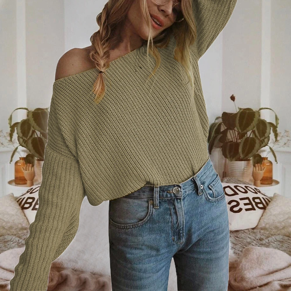 Heflashor off shoulder pullover womens sweater knitted sweater women long sleeve loose jumpers oversized sweater pull femme