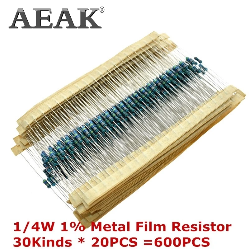 600 шт./компл. 1/4 Вт Сопротивление 1% 30 видов каждое значение из металла резистор Ассортимент Комплект резисторы
