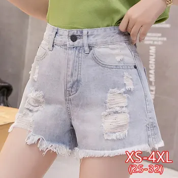 

Women Denim Shorts Female Aline Hole Ripped High Waist Jean Short Korean Loose Tassel Hot Black Blue Shorts Plus Size Woman