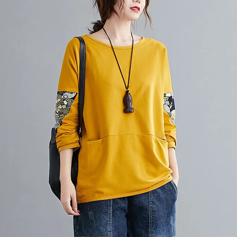 Plus Size Women Casual T-shirts New Arrival 2020 Autumn Simple Style Vintage Print Patchwork Loose Female Tops Tees S2146 | Женская