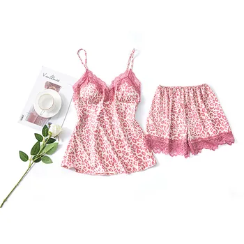 

Sexy Leopard Lace Pajamas Set Women 2PCS Sleepwear Casual Satin Pijamas Suit Strap Top&shorts Summer Female Nightwear Homewear