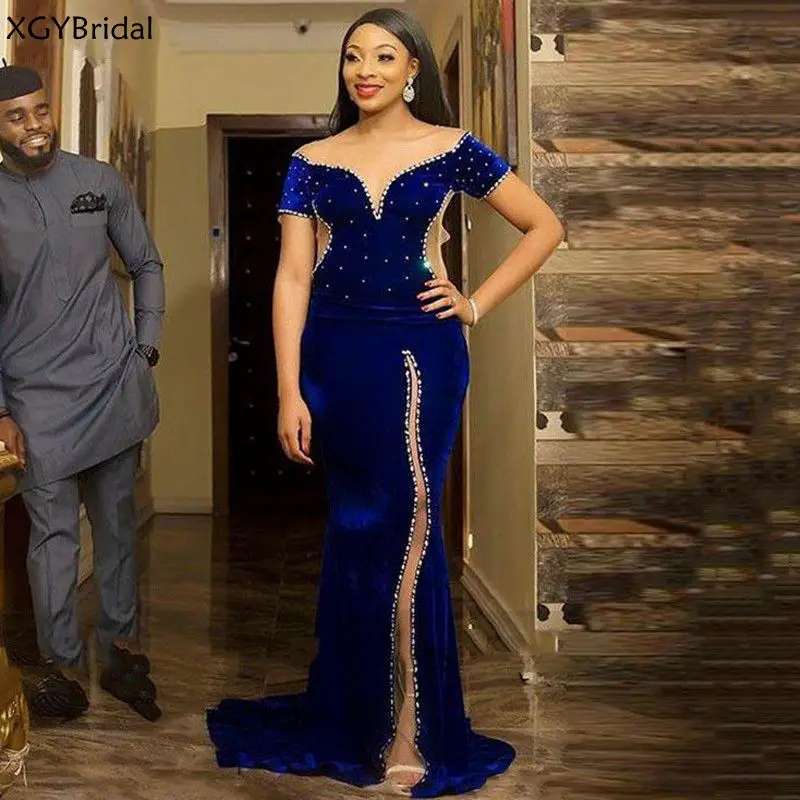 

New Royal Blue Evening Dresses Short Sleeve Side Split Party Gowns Velvet Caftan Arabic Prom Gowns Vestido de fiesta de boda
