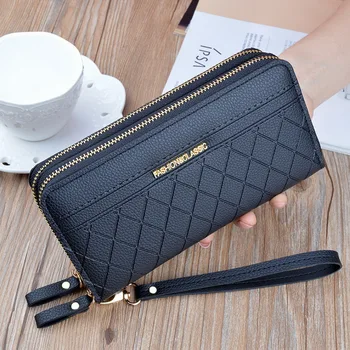

PUIMENTIUA Plaid Women Long Wallet Quality Double Zipper PU Leather Money Clutch Bag Large Purses For Coin Cash Card Holder