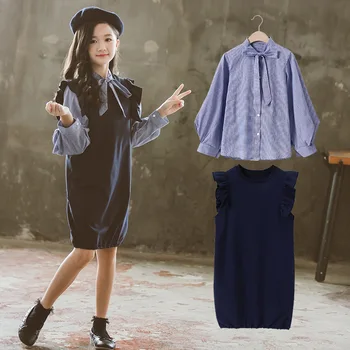 

Girls Cotton Clothing Set Autumn 2020 Teen Girls Korean Style Plaid Blouse and Dress Set Children Fashion Two-Piece Set