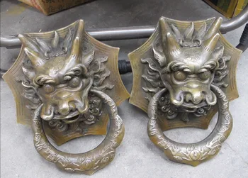 

bi002081 10"Feng shui china folk bronze Dragon head knocker Knock door ring statue Pair