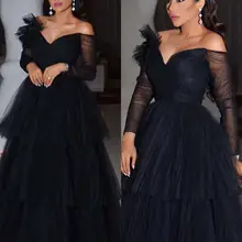 Новое поступление с открытыми плечами черные с длинным рукавом трапециевидные платья длиной до пола для выпускного вечера