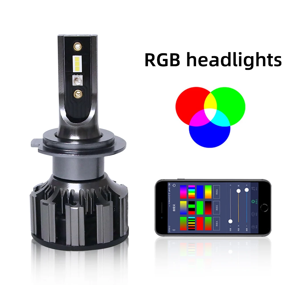 Светодиодные автолампы RGB LED H4 H7 управление через приложение Bluetooth Налобные