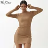 Hugcitar 2022 Long Sleeve Ribbed Ruched Bandage Sexy Mini Dress Autumn Winter Women High Neck Knitted Pure Party Elegant Outfits ► Photo 3/6