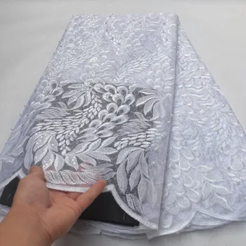 

2019 New Arrives Swiss Voile Net Lace Fabric Fashion African Sequins With Bead For Party Or Evening Dresses Pure White