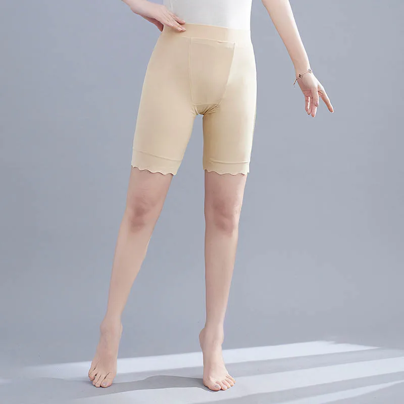 130Kg Plus Size Women's Summer High Stretch Wave Edge Underwear 5XL 6XL 7XL Anti-Slip Safety Short Pants Black Khaki