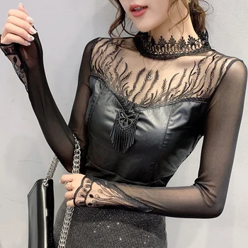

European Clothes Sexy Patchwork Lace T-shirt 2020 New Spring Autumn Women Fashion Tops Hollow Out Shirt Ropa Mujer Tees T9D702