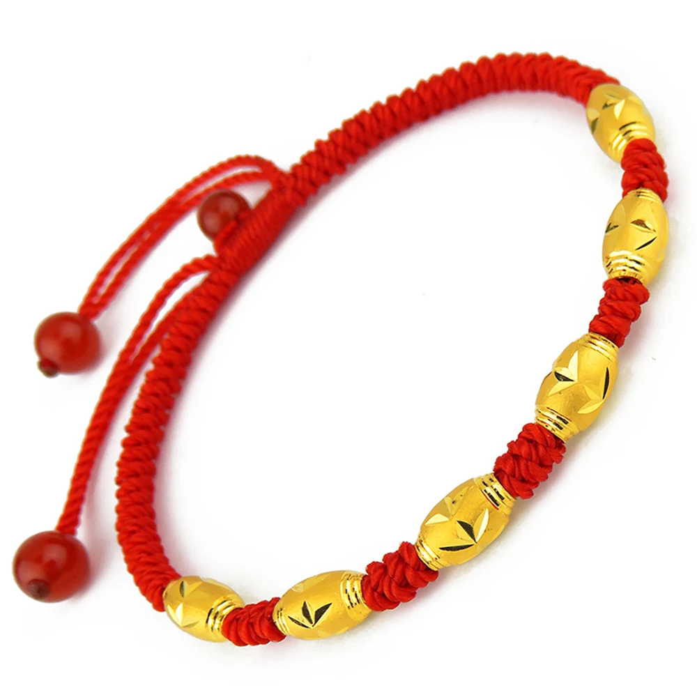 999 Pure 24k Yellow Gold 0.2g Oval Bead 6pcs With Red String Weave