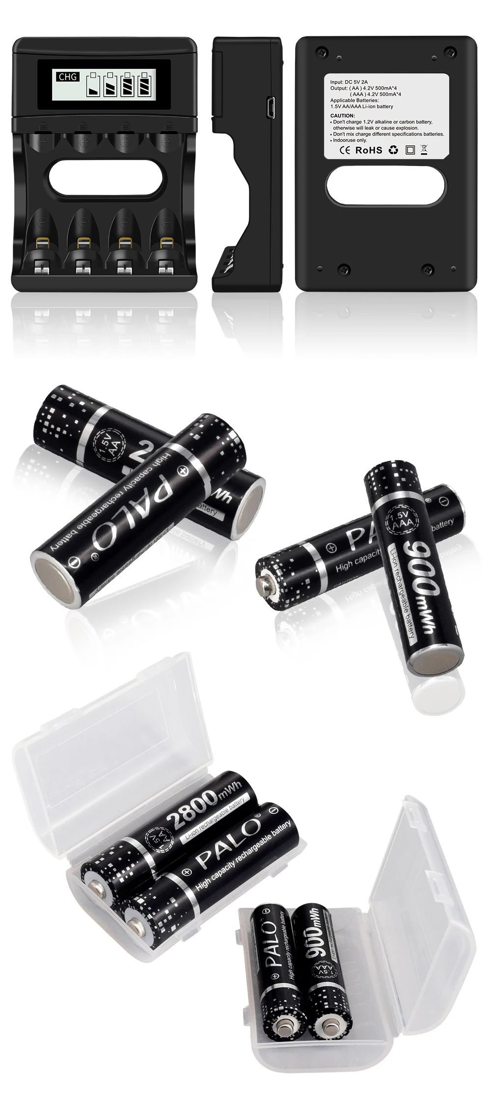 PALO 1.5V AA Li-ion Rechargeable Batteries+1.5v AAA Li-ion Rechargeable Batteries with LCD Smart 1.5V Lithium Battery Charger