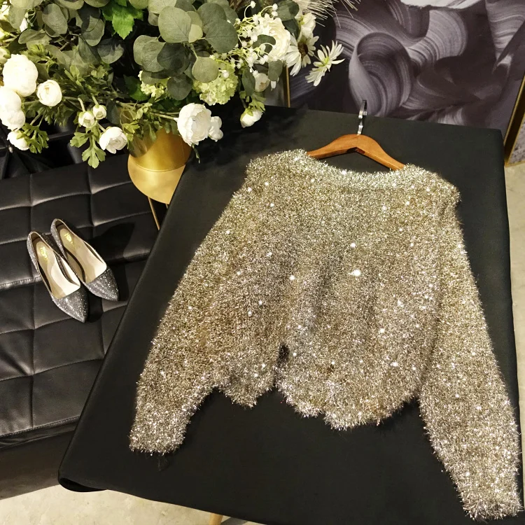 Qooth женские пуловеры и свитеры Блестящий свитер из люрекса Bling Свободный вязаный джемпер вязаный свитер с длинным рукавом QH2192