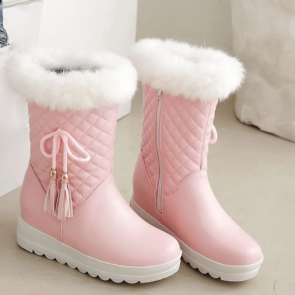 Женские белые ботинки из pu искусственной кожи женские зимние теплые ботинки до середины икры с бантом и кисточками плюшевая обувь на толстом каблуке, большой размер 43