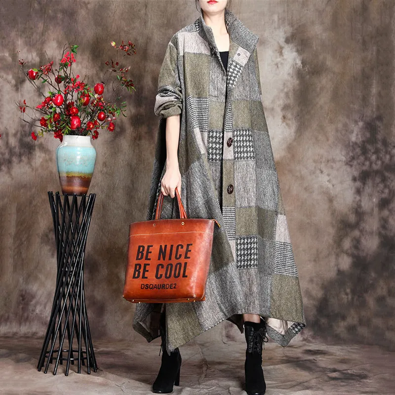

Autumn And Winter Women's Original Retro Lattice Loose Large Size Irregular Stand-Up Collar Temperament Mid-Length Woolen Coat