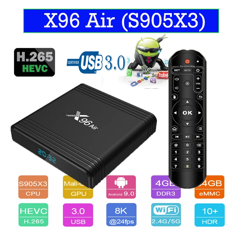 

X96 Air Android TV Box Android 9.0 Amlogic S905X3 Smart TV Box 4K Android Box X96Air Quad Core 2.4G&5G Wifi BT4.1 H.265 64/32GB
