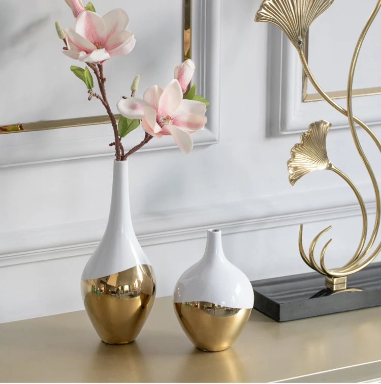 

Modern Small Caliber White And Golden Ceramic Vase Home Living Room Dining Table Drop Shape Porcelain Home Decoration Ornaments