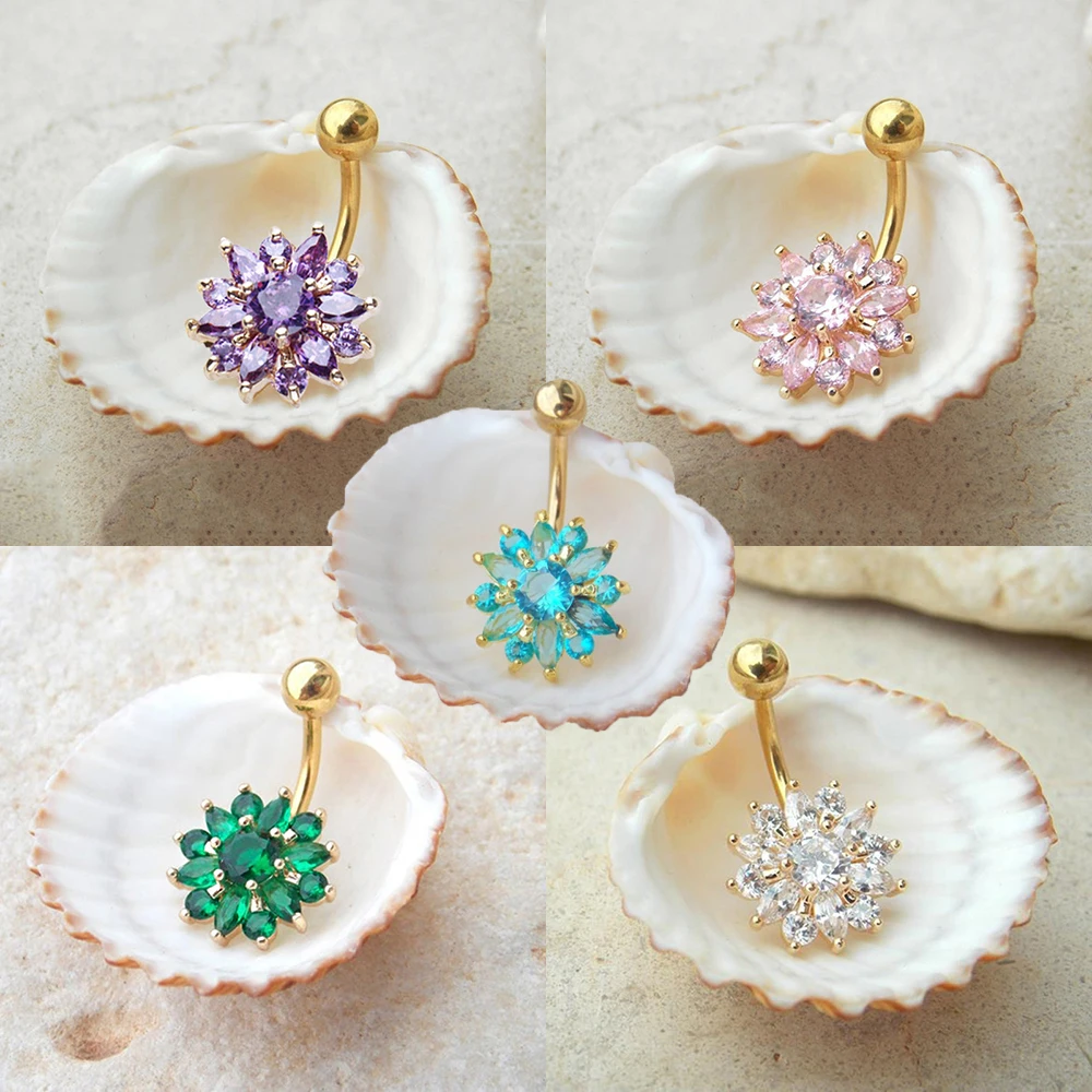 

1pc Blue Flower CZ Belly Button Rings Steel Gold Clear Navel Piercing Ombligo 14g*10mm Body Jewelry Piercing Oreja Earrings Gift