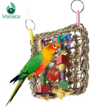 

18x18cm Parrot Bite ChewingToy Climbing Net Swing Straw Natural Rope Safe Colorful Wood Building Blocks Bird Hanging Play Ladder