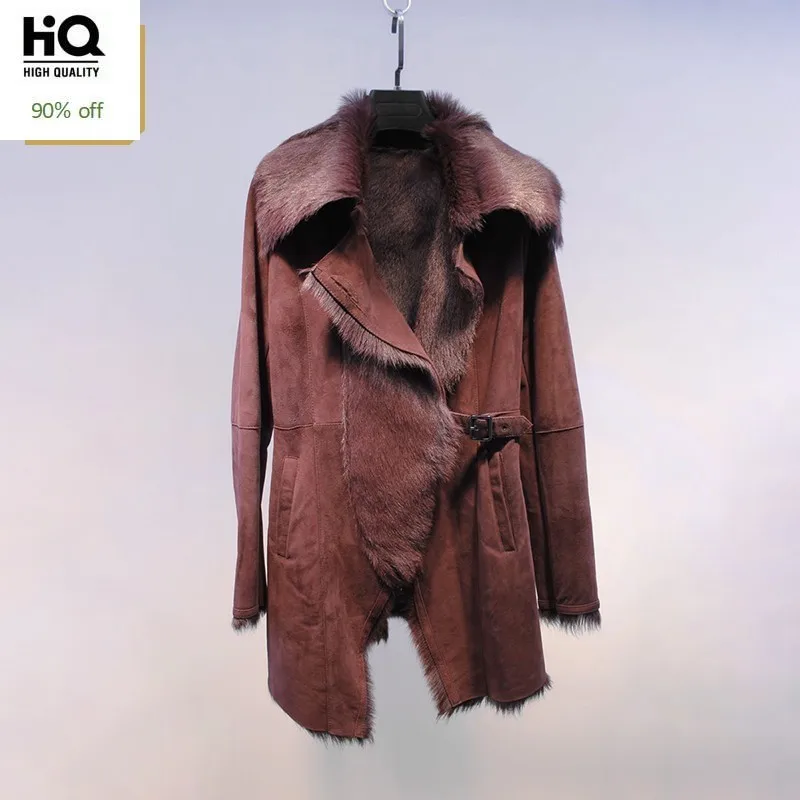 

Women Genuine Goatskin Leather Real Fur Coats Luxury Brand Double-Faced Fur Thick Warm Ladies Trench High Quality Slim Overcoats