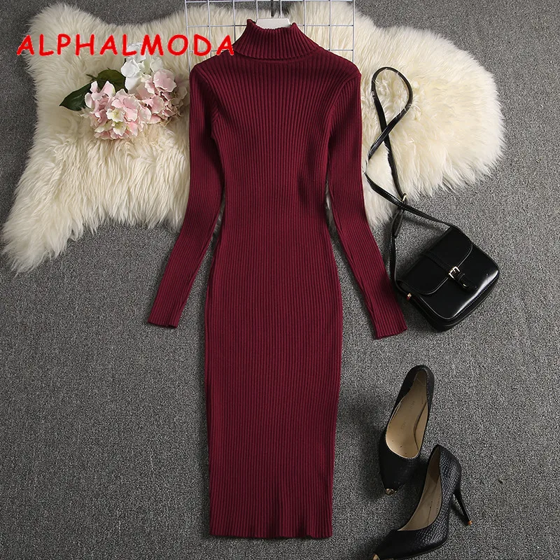 ALPHALMODA/ зимнее теплое трикотажное платье хорошего качества с длинными рукавами и высоким воротником однотонное вязаное платье-свитер с толстой подошвой