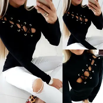 

Women Turtle Neck front Bandage cross Hollow Autumn Long Sleeve T-shirts Party Tops Fashion Sexy Slim Fit Basic Tops T-shirt