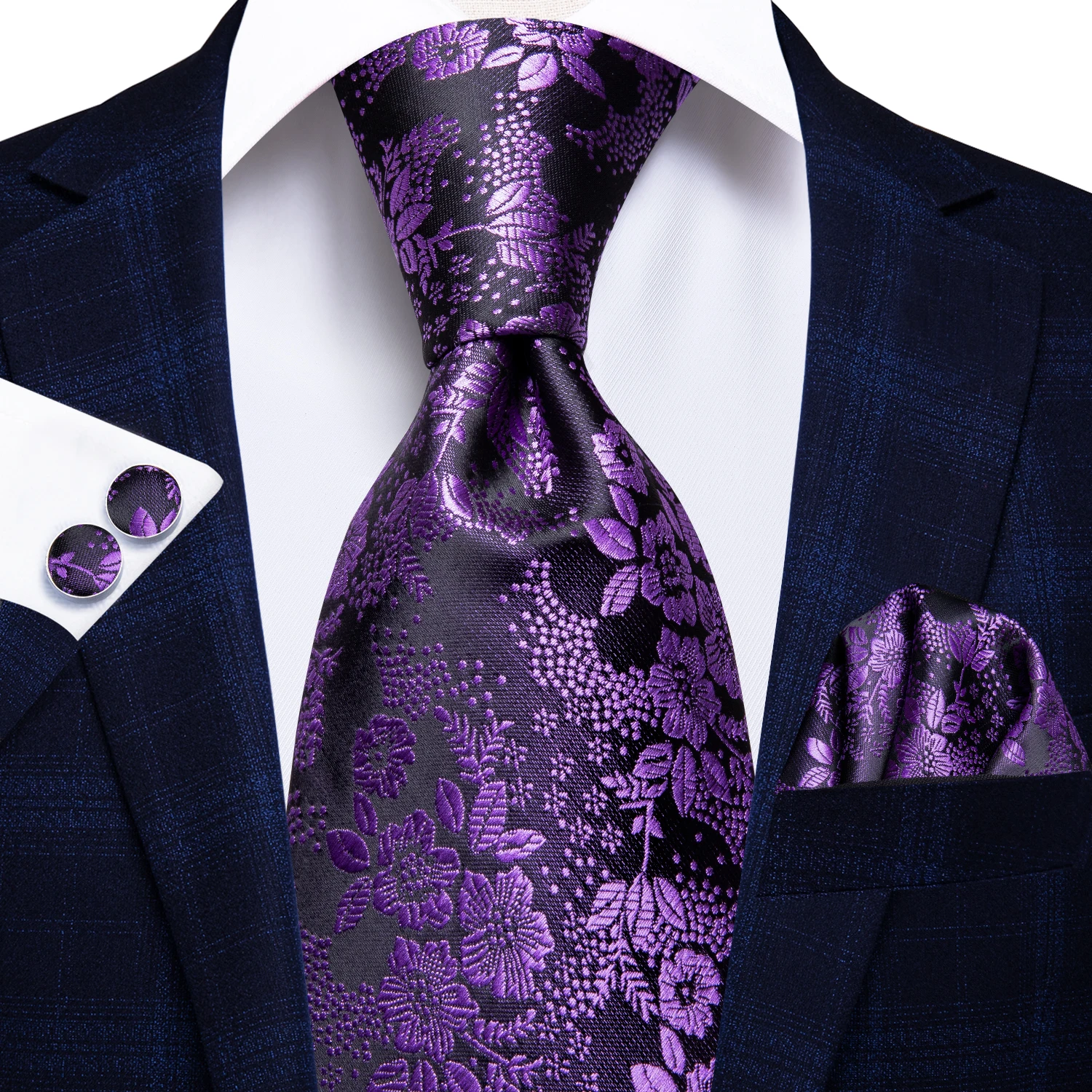 Hi-Tie Luxury Silk Purple Paisley Floral Wedding Ties for Men Hanky Cufflinks Gift Nicktie Set Fashion Design Business Mens Ties