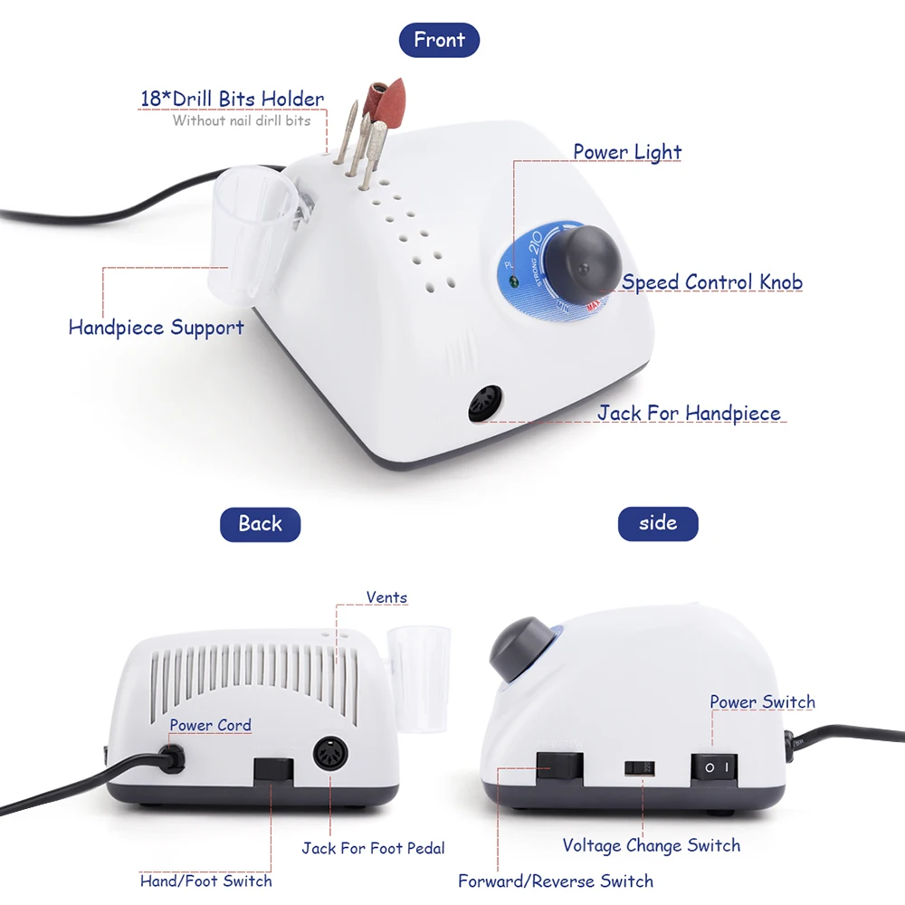 Мощный 210 105л 65 Вт 35000 об/мин Электрический сверлильный станок для маникюра, педикюра, маникюрный аппарат, пилочка для ногтей, пилка для ногтей