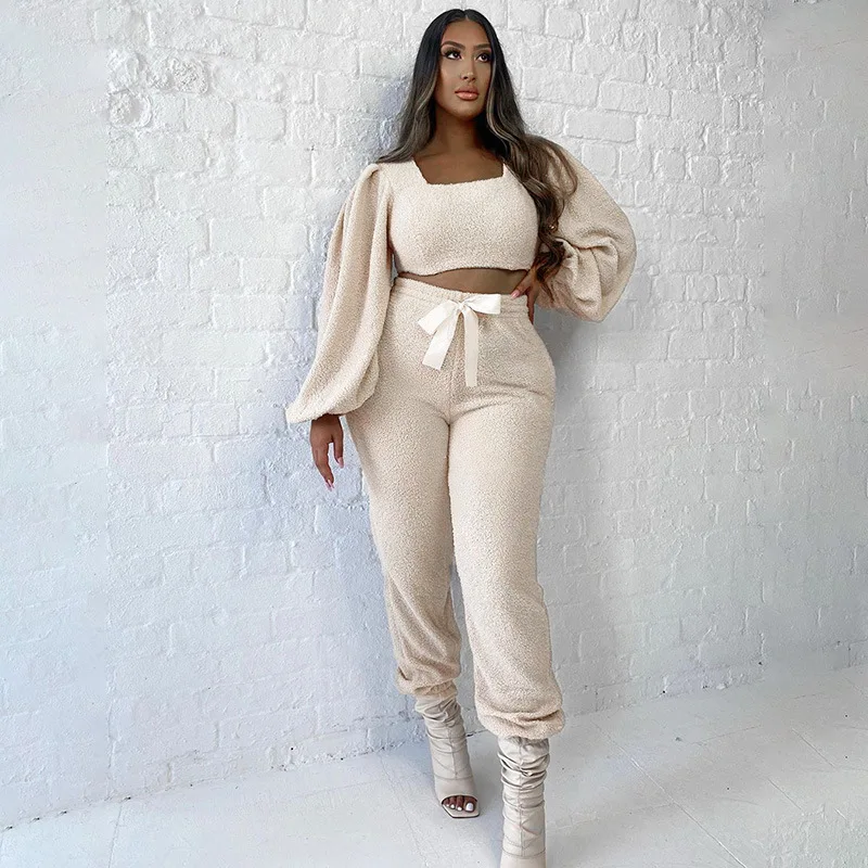 

Zoulv New Autumn/winter Lovely Warm and Comfortable Plush Pants A Set Bubble Sleeves Navel Tops Sweaters Tie Bows Coat