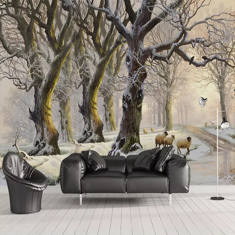 

Drop Shipping Custom Any Size Mural Wallpaper 3D Stereoscopic Oil Painting Beautiful Snow Forest Tree Photo Wallpapers
