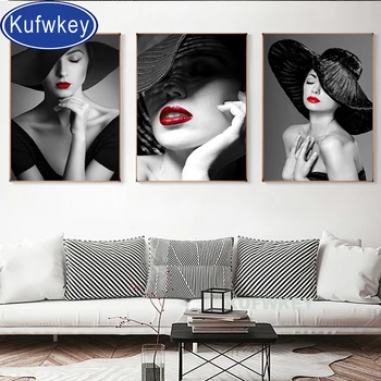 

Full square diamond embroidery 3pcs red Red lips hat woman diamond painting 5D round by hand Paste drill rhinestones art