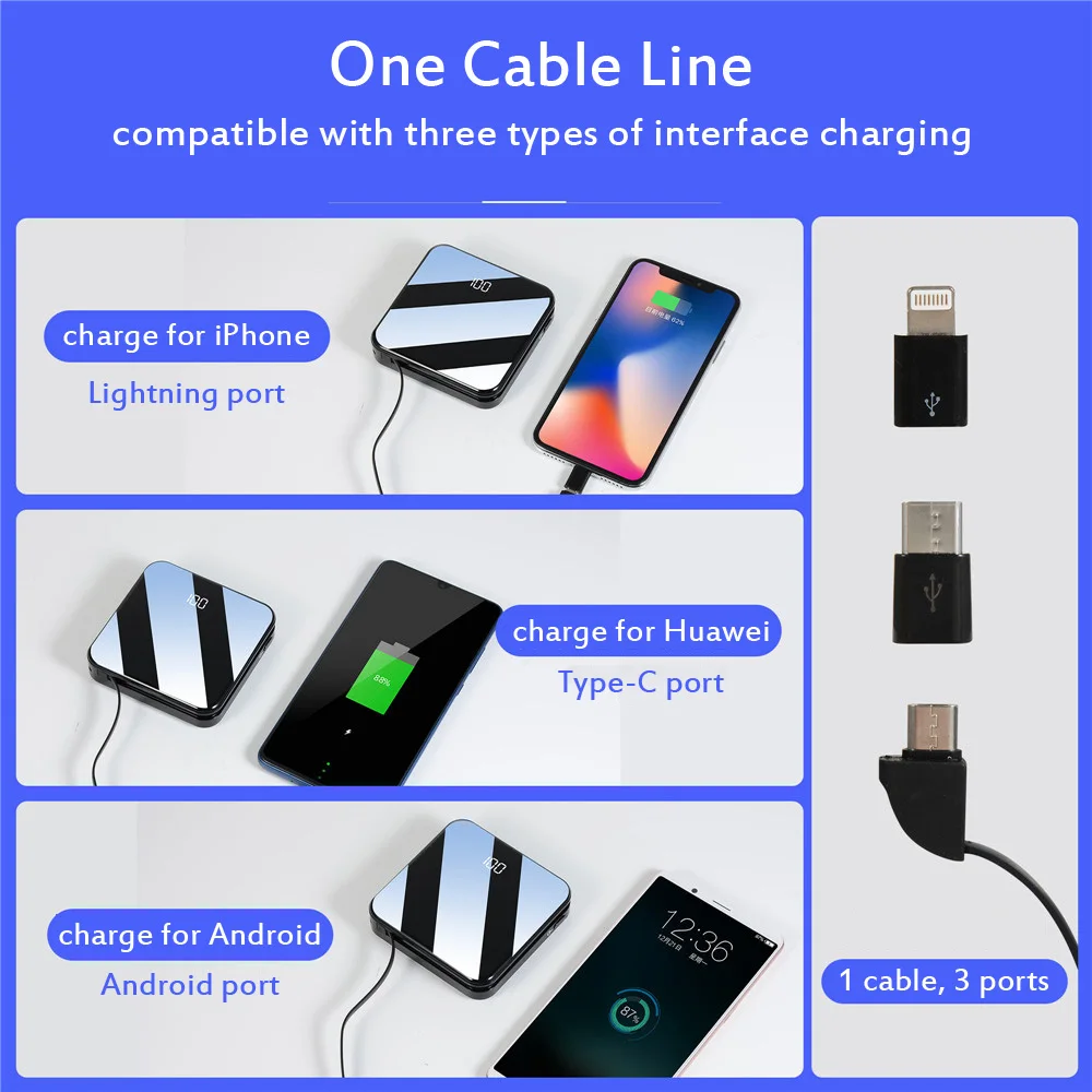 ЖК-дисплей с зеркальным экраном мини банк питания A18 10000 мАч ультра-тонкий встроенный 3 в 1 кабель зарядное устройство для телефона портативный внешний аккумулятор