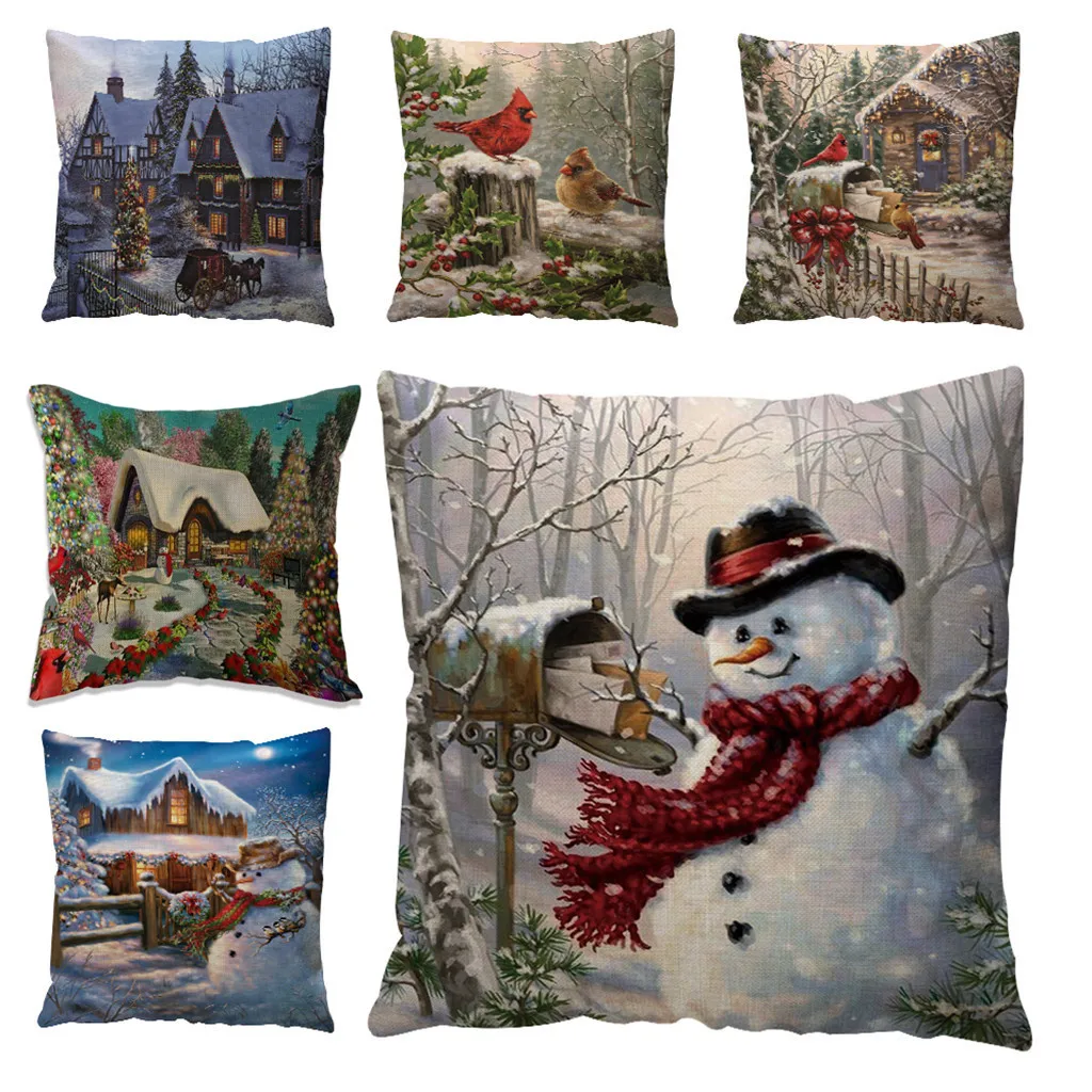 Christmas Snowman Pillow Case Linen Throw Cushion Cover For Home Sofa Decor Pillow Case Decorative Pillows Kussenhoes