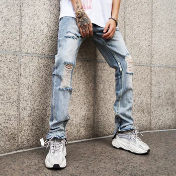 

EWQ / Men's Pants 2020 Spring Fashion New Trouers High Street Self-cultivation Zipper Knee Holes Jeans For Male Tide 19H-a187