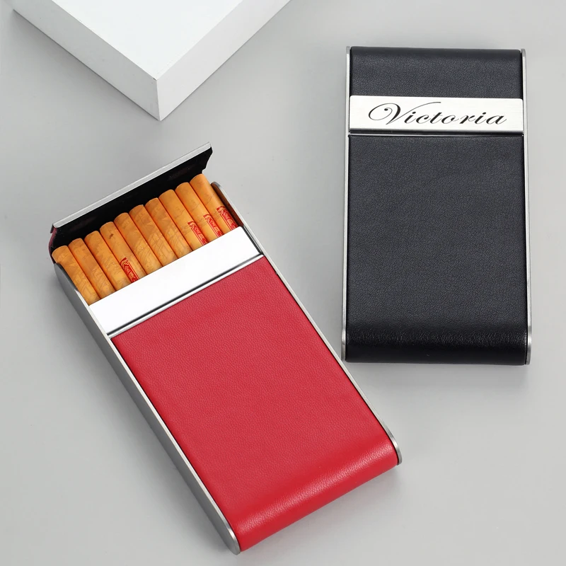 Elegant Red and Black Slim Cigarette Case - Stainless Steel with PU Leather Finish, Personalized Logo Option, Stylish Smoking Accessory