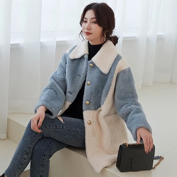 

Winter New Products Hot Sale Fleece Coat Women's Lapel Colorblock Knit Cardiga Wool coat Long-haired coat FRSEUCAG Brand women