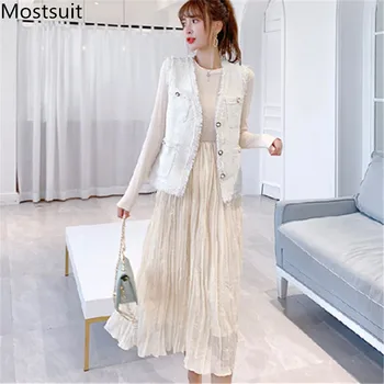 

Women Vintage Fashion 2 Piece Sets Outfits Women Ladies Vest + Long Sleeve Midi Dress Suits Elegant Sweet Fashion 2 Pcs Sets