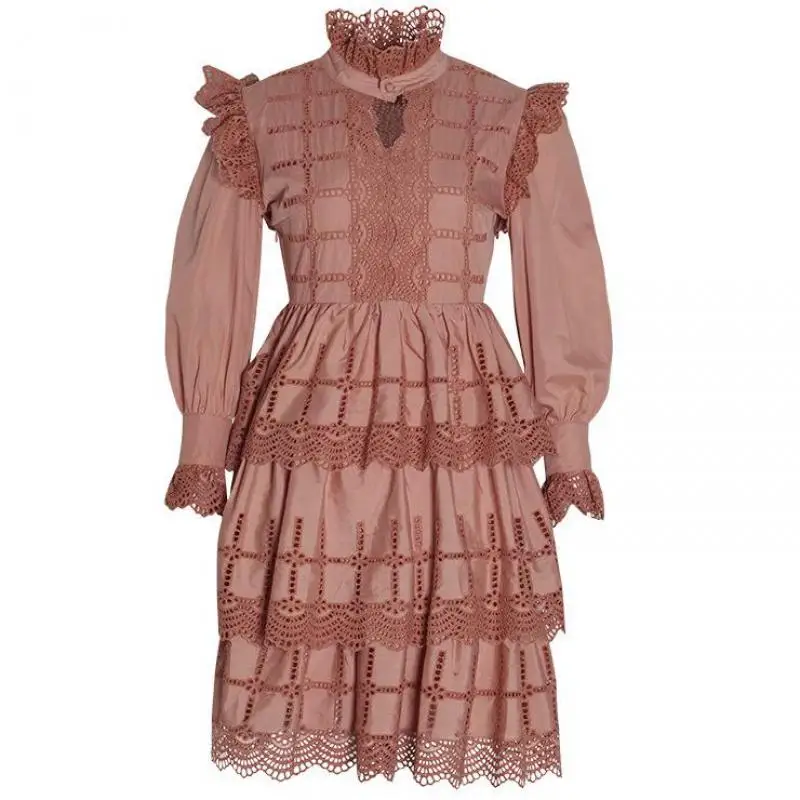 

Red RoosaRosee Designer Autumn Hollow Out Mini Dress Female Long Sleeve High Waist Multi-layer Cake Dresses Vestidos Robe Femme