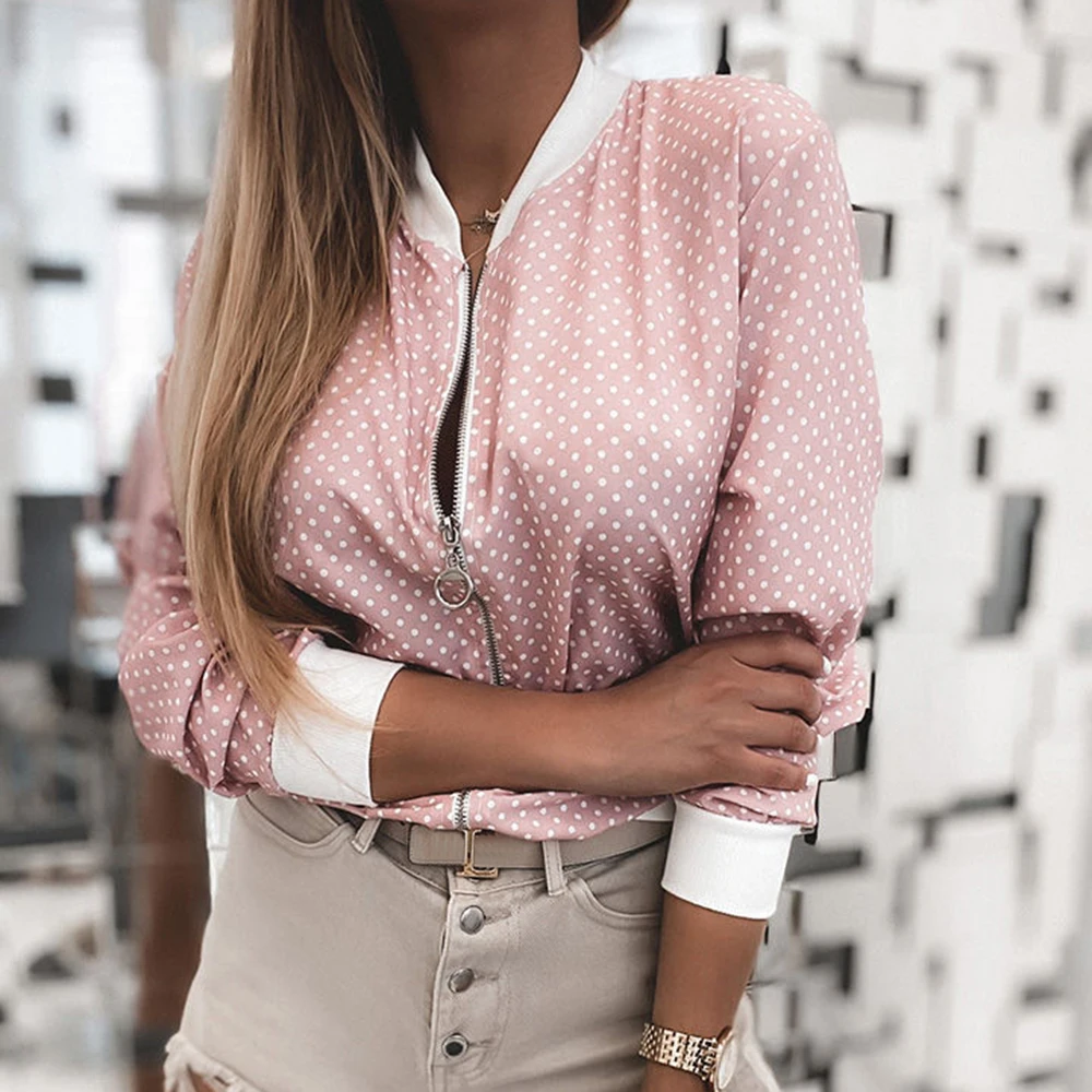 

2020 Chic Lady Polka Dots Print Women's Jackets Long Sleeve Zipper Pink Coat Female Casual Jackets Streetwear Plus Size Autumn