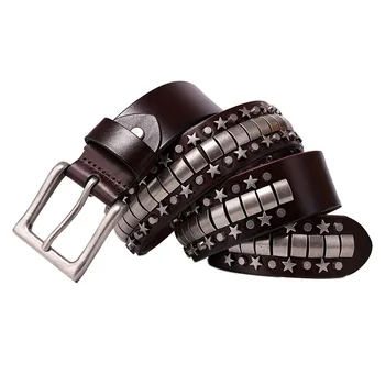 

Cool Rocky Cowhide Leather Belts Men Metal Star Rivets Studded Waist Straps For Man Punk Belt Quality Personality Luxury 2020
