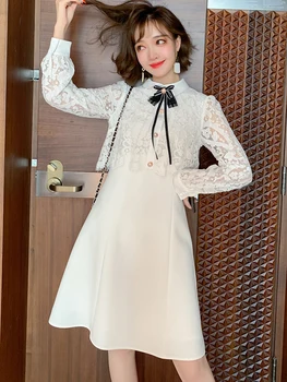 

Contrasting color bow lace crochet stitching A-shaped fake two-piece dress women's 2020 autumn new