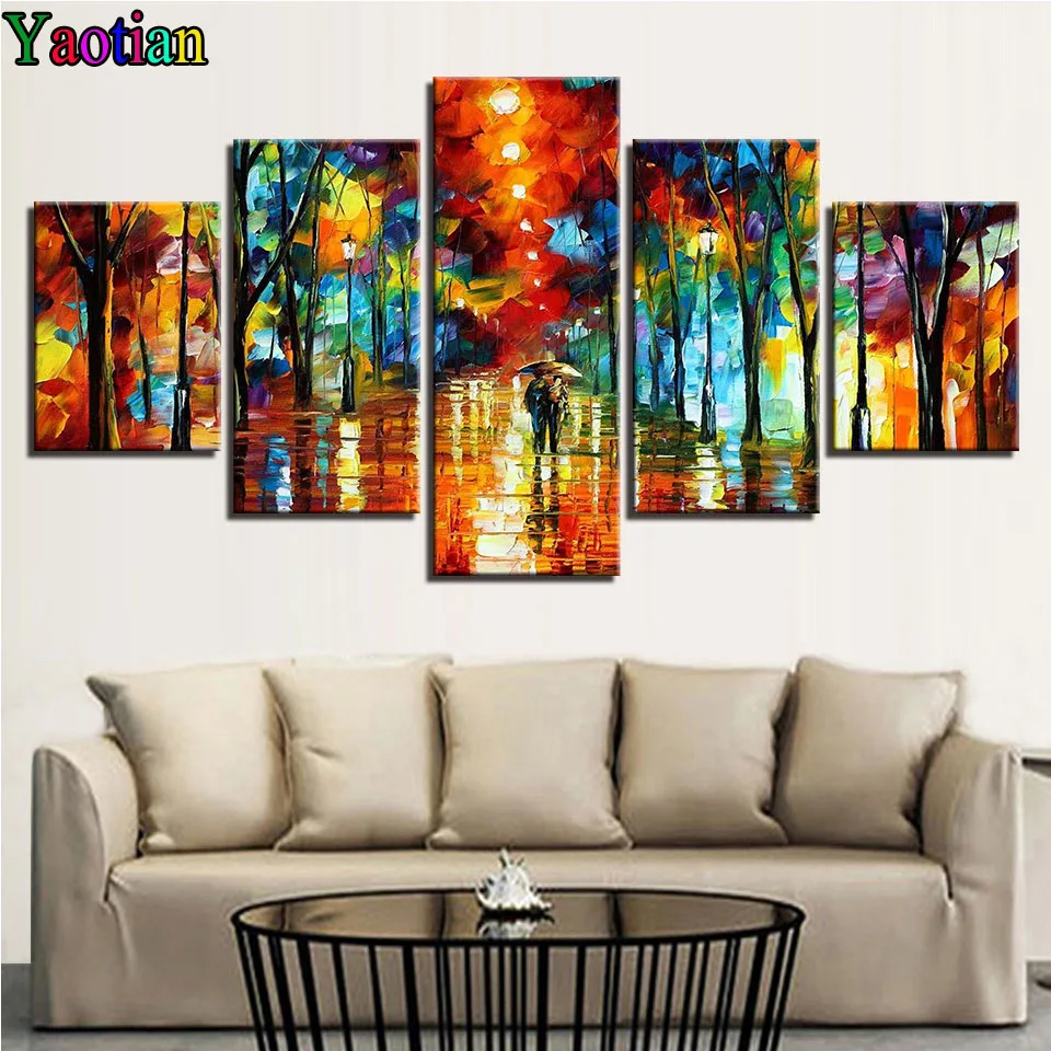diy diamond painting 5 Pieces Abstract Color Tree Pictures Walking In The Rain Painting embroidery Diamond art | Дом и сад