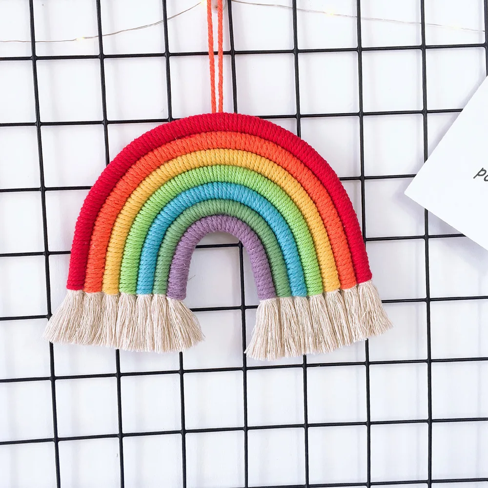 

INS Rainbow Tassel Handmade Macrame Tapestry Wall Hanging Woven Bohemian Geometric Tapestry Baby Girl Room Hanging Wall Decor