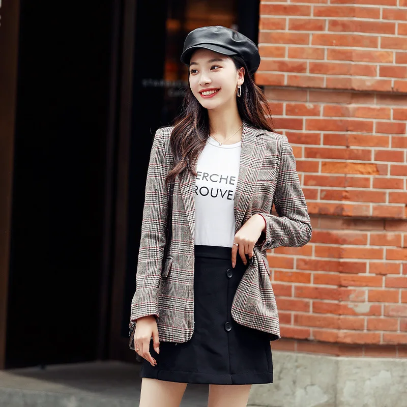 

Yrk0022 Europe And America CHIC Small Suit Coat Women's Spring And Autumn Retro Casual Grid Red Blazer