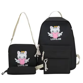 

Women Oxford 4pcs Sets Cute Cat Print Student Pen Cross-body Bag Backpack