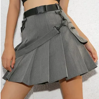 

Women Skirts 2020 Grey Sashes Fashion Pleated Skirts Punk Mini Skirt Sexy harajuku Short Skirts Casual Grey Sashes