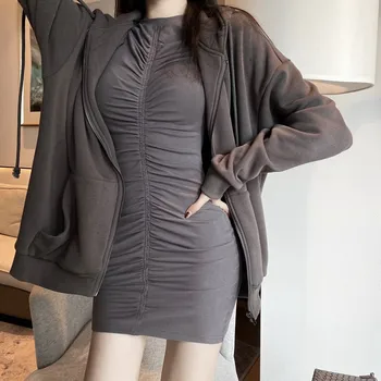 

Women Sexy Dress Sets Female 2019 Autumn Long Sleeve O Neck Ruched Pencil Mini Dress&Thin Cardigan Suits Two Pieces Skirt Sets